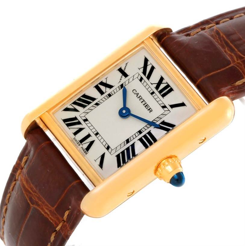 The image shows a close-up, angled view of the face and leather strap of the Cartier Tank Louis W1529856 Women's Yellow Gold Silver Dial W1529856 Women's Yellow Gold Silver Dial watch.