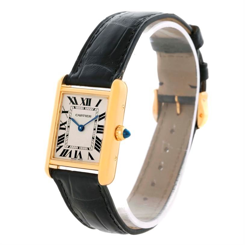 The Cartier Tank Louis W1529856 Women's Yellow Gold Silver Dial W1529856 Women's Yellow Gold Silver Dial watch is displayed at a slight angle, showing the face, strap, and side crown.