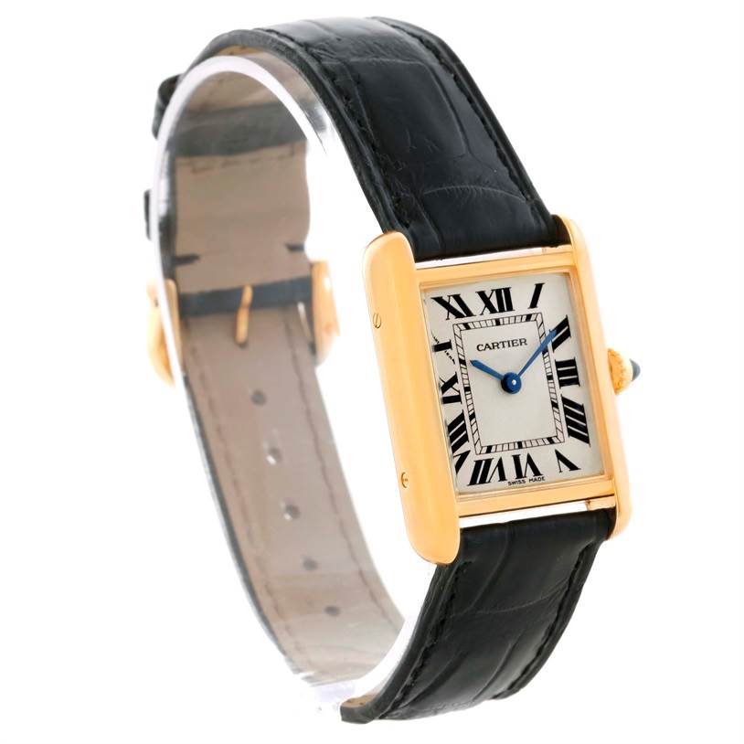 This image shows a Cartier Tank Louis W1529856 Women's Yellow Gold Silver Dial W1529856 Women's Yellow Gold Silver Dial model watch angled to the left, highlighting its face, strap, and crown.
