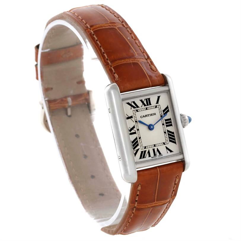 This is a Cartier Tank Louis W154105 Women's White Gold Silver Dial W154105 Women's White Gold Silver Dial watch, shown at a slight angle to highlight the face, strap, and crown.