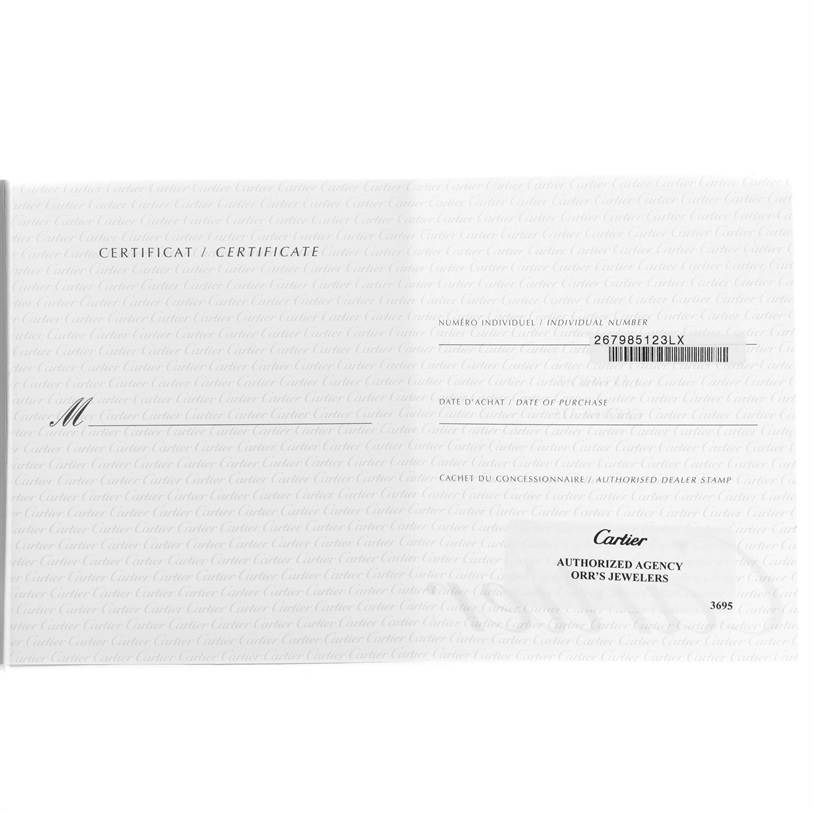 This image shows a certificate for the Cartier Tank Louis W154105 Women's White Gold Silver Dial W154105 Women's White Gold Silver Dial watch, including the authorized dealer's stamp and individual number.