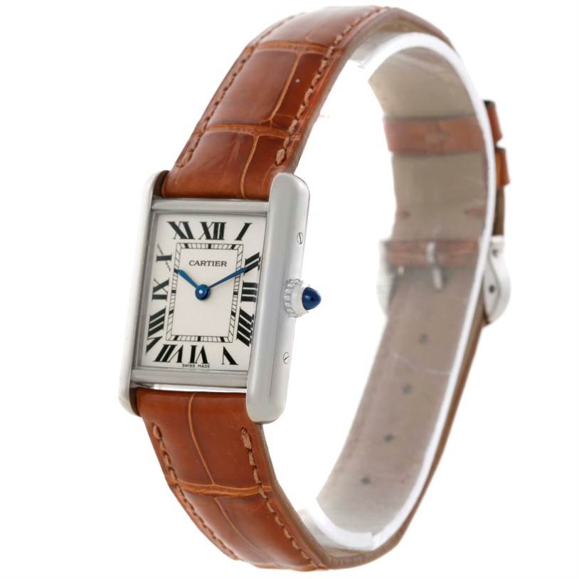 The image shows a side angle of the Cartier Tank Louis W154105 Women's White Gold Silver Dial W154105 Women's White Gold Silver Dial watch, focusing on the face, crown, and leather strap.