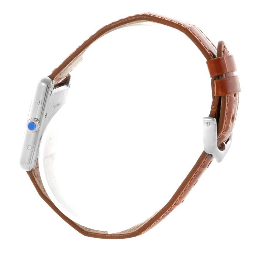 The image shows a side view of a Cartier Tank Louis W154105 Women's White Gold Silver Dial W154105 Women's White Gold Silver Dial model watch, highlighting the crown and brown leather strap.