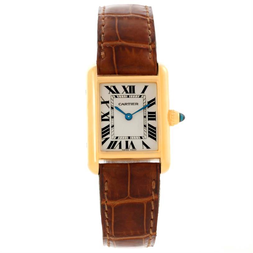 The image shows a frontal view of the Cartier Tank Louis W1529856 Women's Yellow Gold Silver Dial W1529856 Women's Yellow Gold Silver Dial watch, highlighting its rectangular dial, brown leather strap, and gold case.