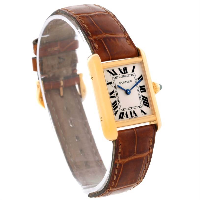 The image shows a Cartier Tank Louis W1529856 Women's Yellow Gold Silver Dial W1529856 Women's Yellow Gold Silver Dial watch from an angled side view, highlighting the watch face and brown leather strap.