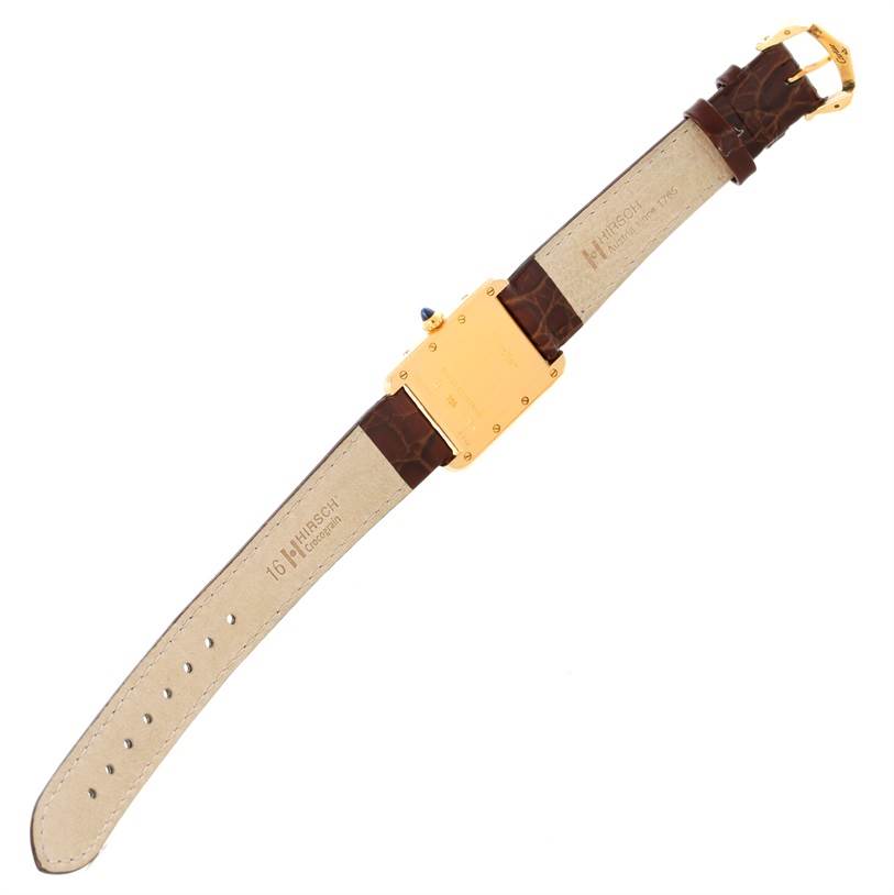 The image shows the back view of a Cartier Tank Louis W1529856 Women's Yellow Gold Silver Dial W1529856 Women's Yellow Gold Silver Dial watch with its leather straps fully extended.