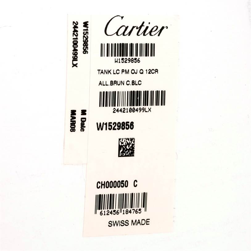 The image shows barcode stickers and tags for the Cartier Tank Louis W1529856 Women's Yellow Gold Silver Dial W1529856 Women's Yellow Gold Silver Dial model watch, with model and serial numbers.