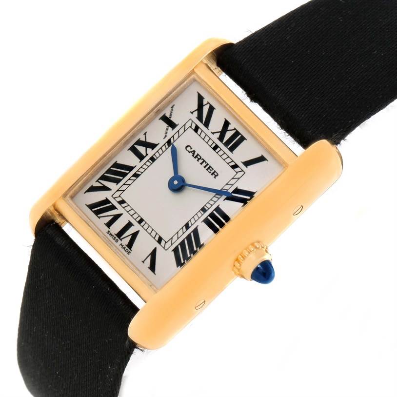 This image shows a frontal view of the Cartier Tank Louis W1529856 Women's Yellow Gold Silver Dial W1529856 Women's Yellow Gold Silver Dial watch, highlighting the face, hands, bezel, and crown.