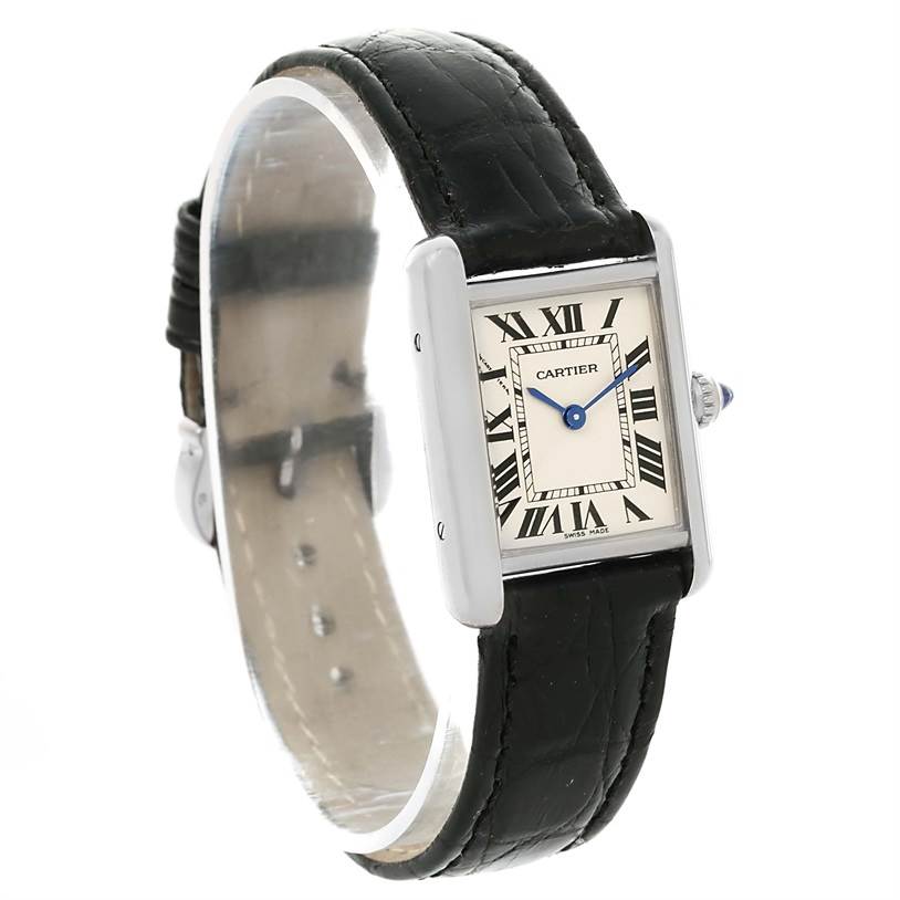 This image shows a Cartier Tank Louis W1541056 Women's White Gold Silver Dial W1541056 Women's White Gold Silver Dial model watch from a front diagonal angle, displaying its face, Roman numerals, and leather strap.
