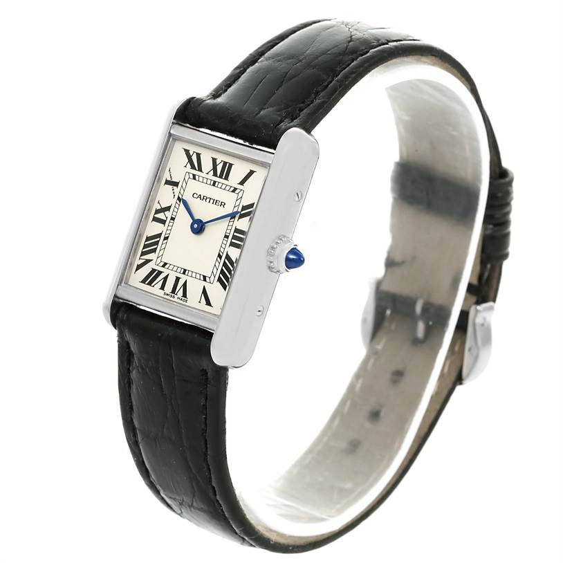 The image shows a front and side angle of the Cartier Tank Louis W1541056 Women's White Gold Silver Dial W1541056 Women's White Gold Silver Dial watch with a black leather strap and Roman numeral dial.