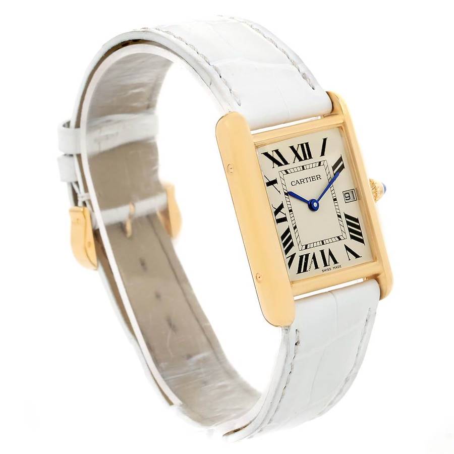 Cartier Tank Louis 18k Yellow Gold White Strap Quartz Watch W1529756 SwissWatchExpo