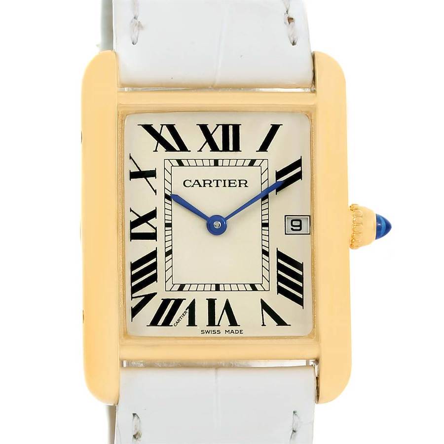 The Cartier Tank Louis model is shown from the front, displaying the face, hands, date, and part of the white leather strap.