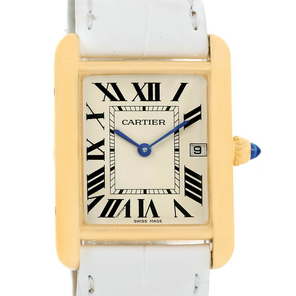 The Cartier Tank Louis W1529756 Women's Yellow Gold Silver Dial W1529756 Women's Yellow Gold Silver Dial model is shown from the front, displaying the face, hands, date, and part of the white leather strap.