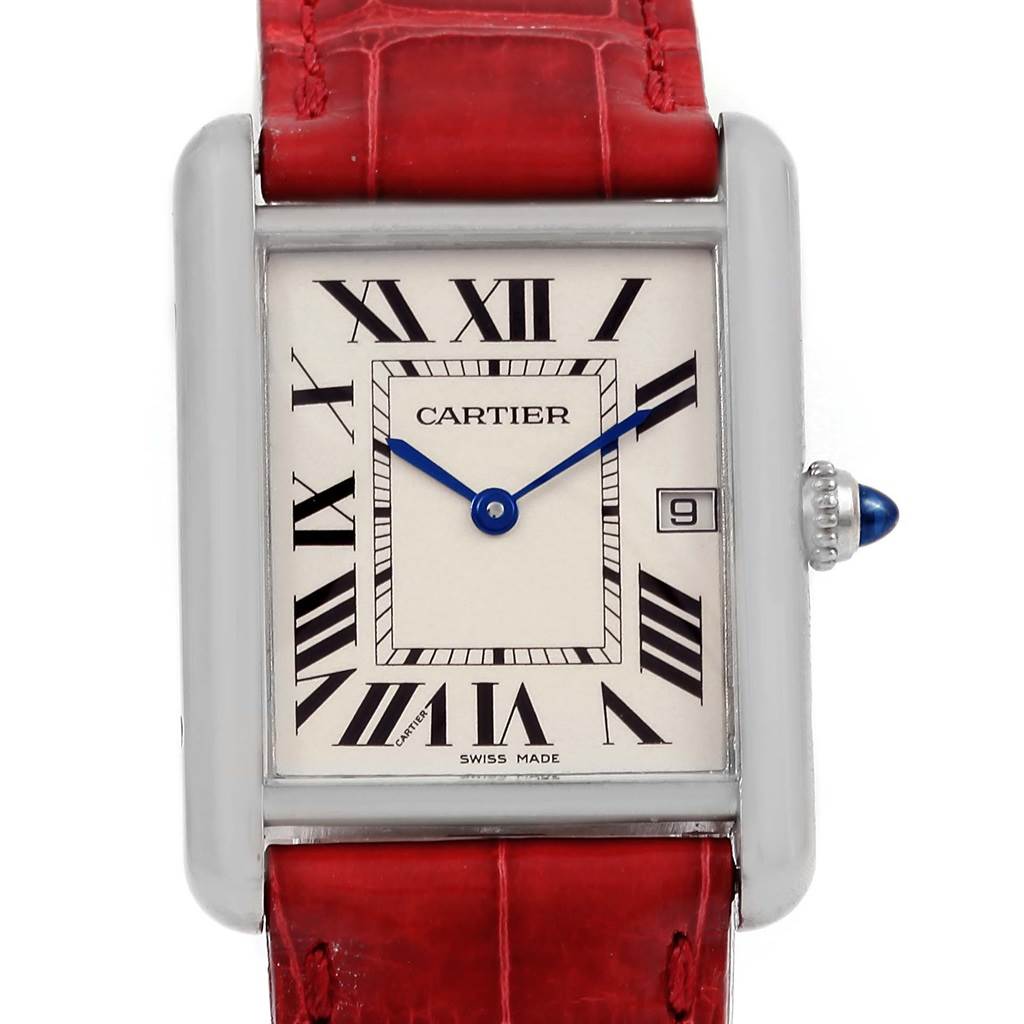 The image shows a front view of the Cartier Tank Louis W1540956 White Gold Silver Dial W1540956 White Gold Silver Dial watch, highlighting its rectangular face, red leather strap, and blue hands.