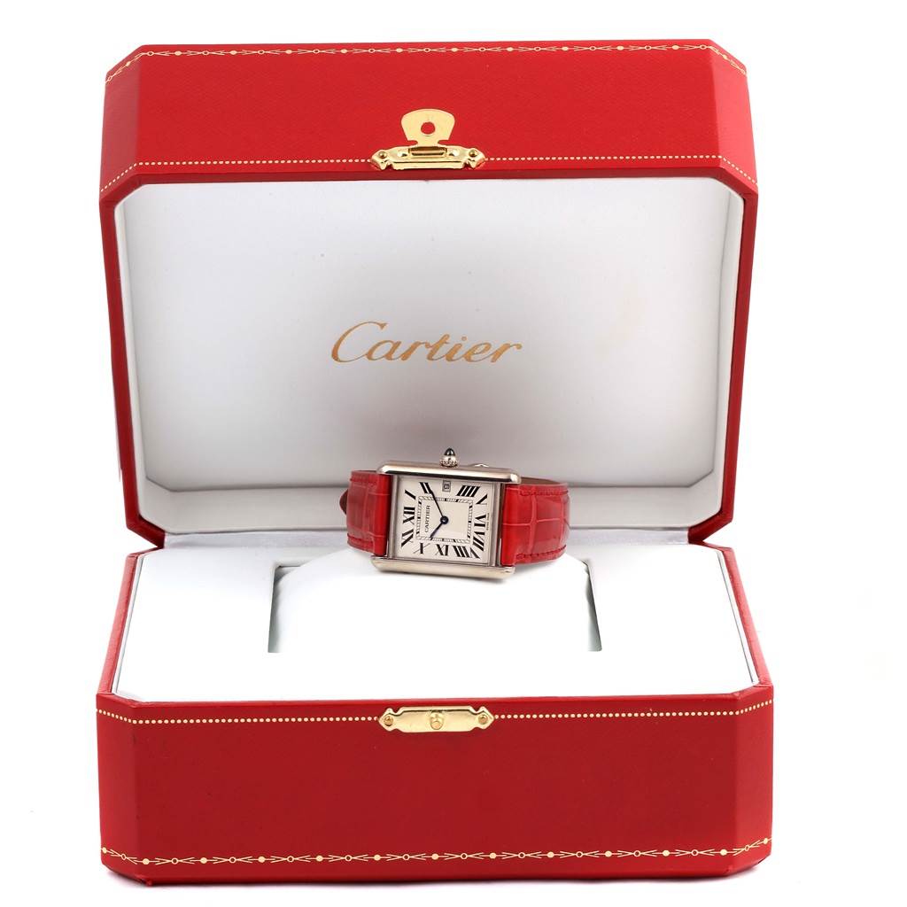 The Cartier Tank Louis W1540956 White Gold Silver Dial W1540956 White Gold Silver Dial watch is shown from the front, displayed inside a red Cartier box.