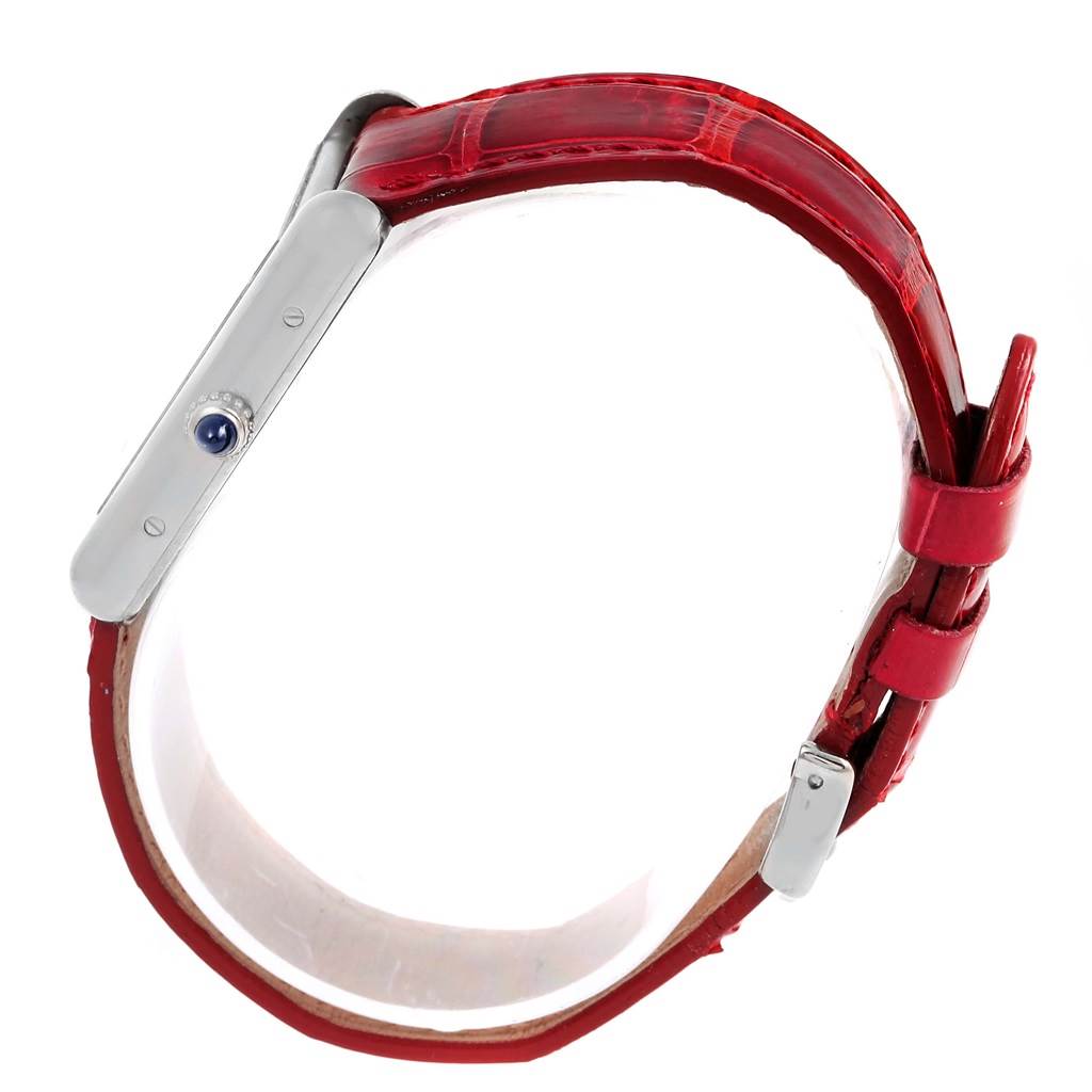 The image shows a side view of the Cartier Tank Louis W1540956 White Gold Silver Dial W1540956 White Gold Silver Dial watch with a red leather strap.