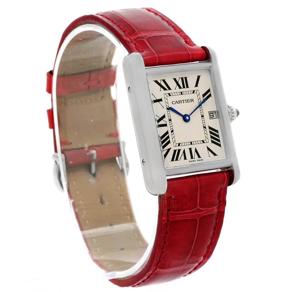 The image shows a Cartier Tank Louis W1540956 White Gold Silver Dial W1540956 White Gold Silver Dial watch from a front-side angle, featuring a red leather strap and a rectangular face with Roman numerals.