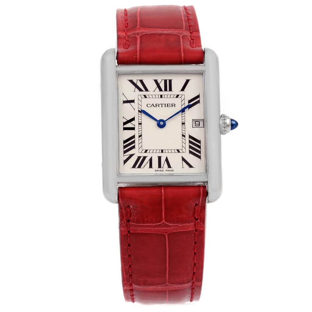 The Cartier Tank Louis W1540956 White Gold Silver Dial W1540956 White Gold Silver Dial watch is shown from the front, displaying the face, Roman numerals, and red leather strap.