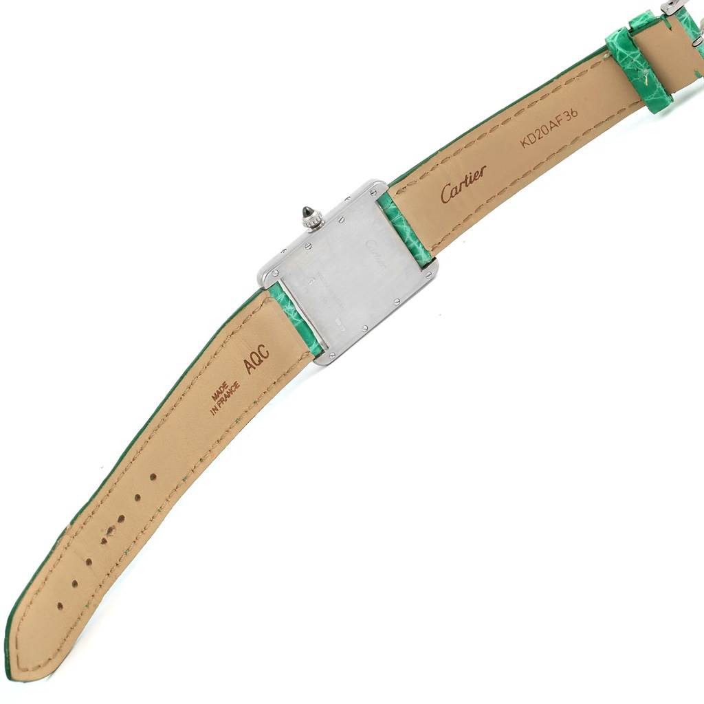 The image shows the back view of a Cartier Tank Louis W1540956 White Gold Silver Dial W1540956 White Gold Silver Dial model watch, highlighting its strap and case back.