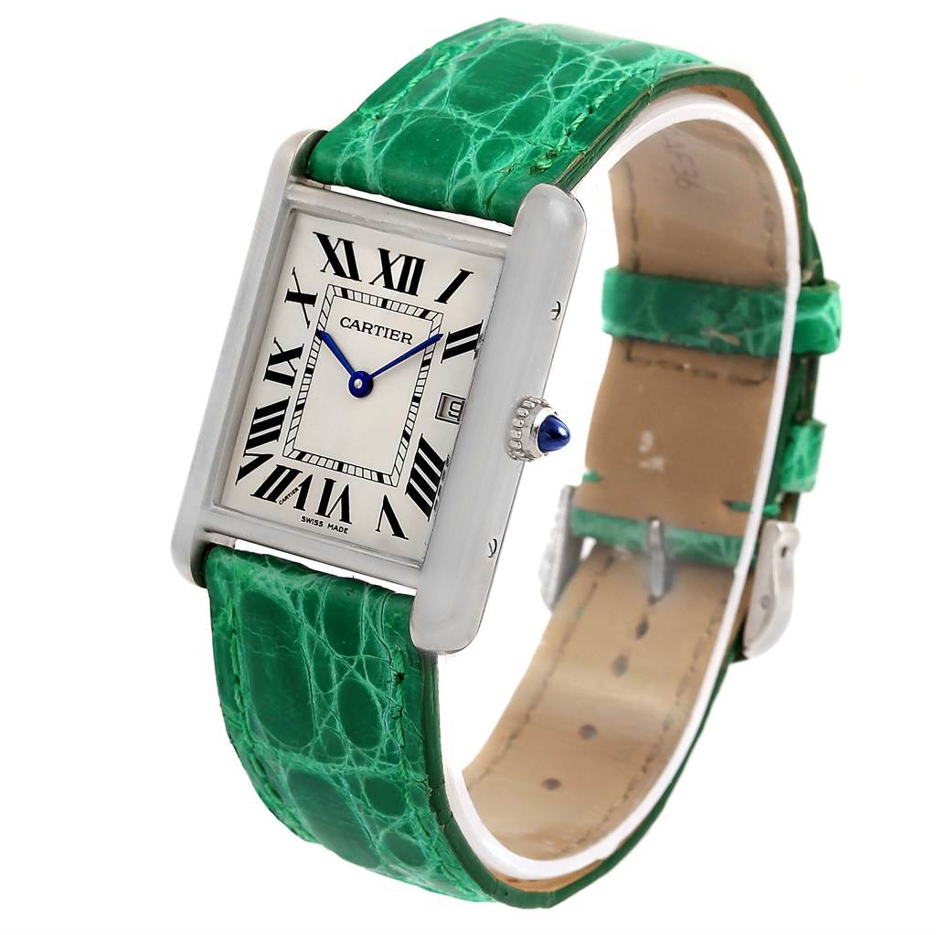 The image shows a Cartier Tank Louis W1540956 White Gold Silver Dial W1540956 White Gold Silver Dial watch viewed at a slight angle, showcasing its green leather strap and rectangular face.