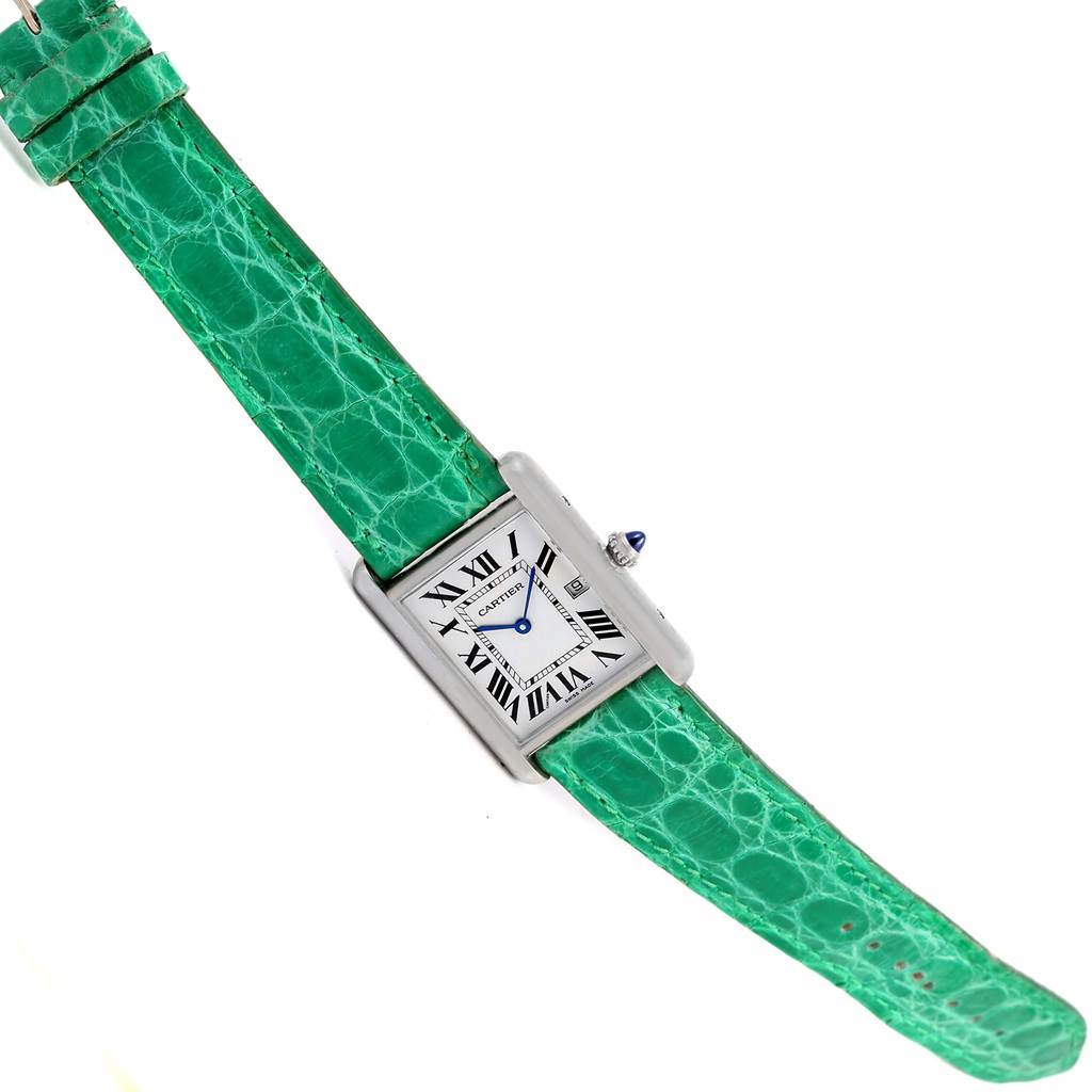 The image shows a Cartier Tank Louis W1540956 White Gold Silver Dial W1540956 White Gold Silver Dial watch angled diagonally with a green leather strap and the crown visible.