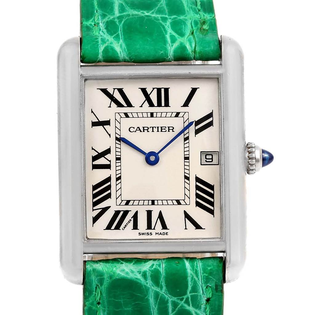 This Cartier Tank Louis W1540956 White Gold Silver Dial W1540956 White Gold Silver Dial watch is shown from a front angle, highlighting its dial, case, and green strap.