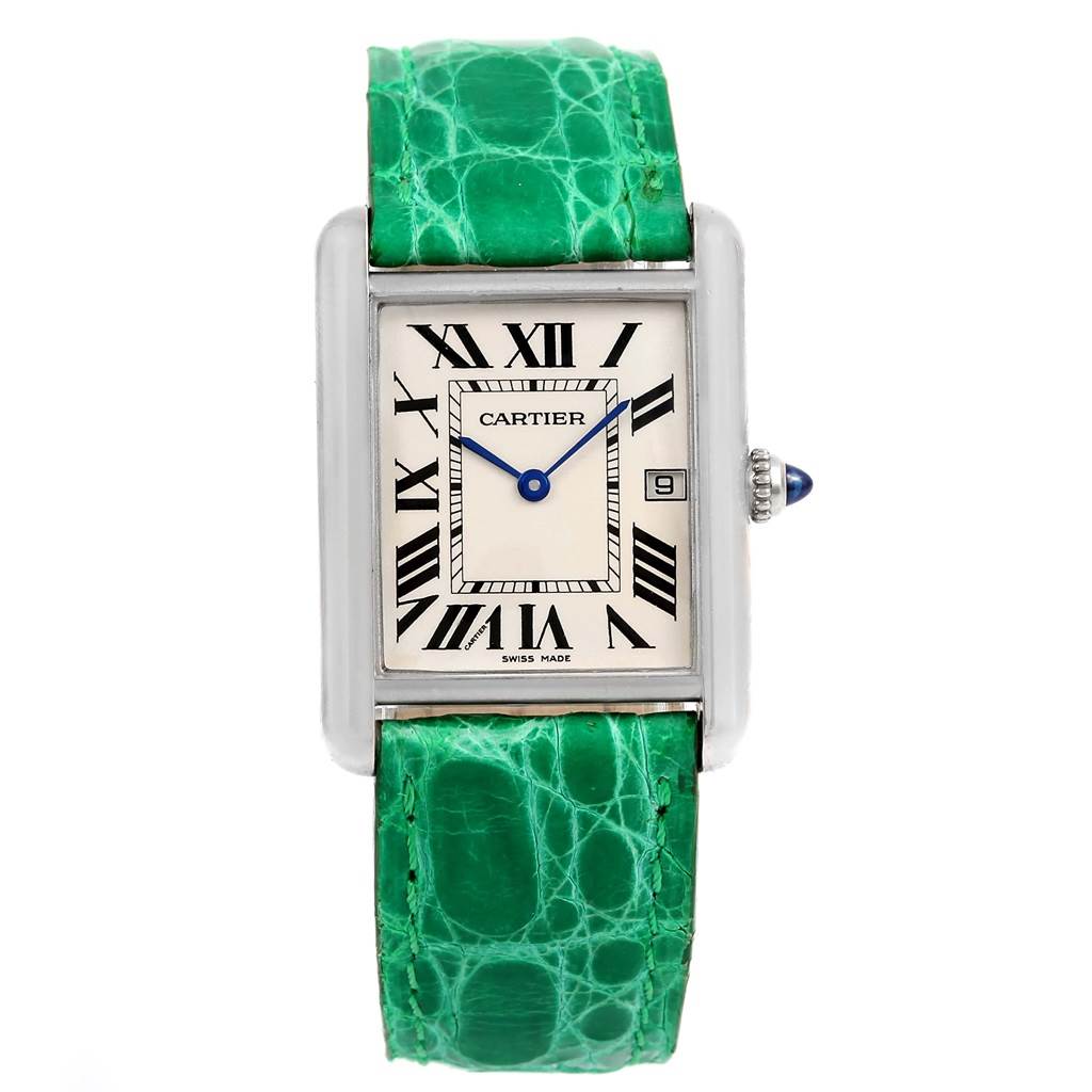 This image shows a front view of the Cartier Tank Louis W1540956 White Gold Silver Dial W1540956 White Gold Silver Dial watch, highlighting its green leather strap and rectangular face with Roman numerals.