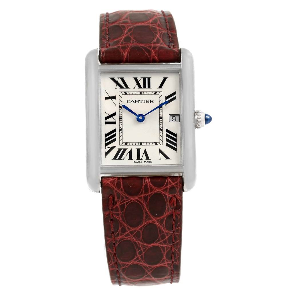 The image shows a front view of the Cartier Tank Louis W1540956 White Gold Silver Dial W1540956 White Gold Silver Dial watch, including the face, Roman numerals, and leather strap.