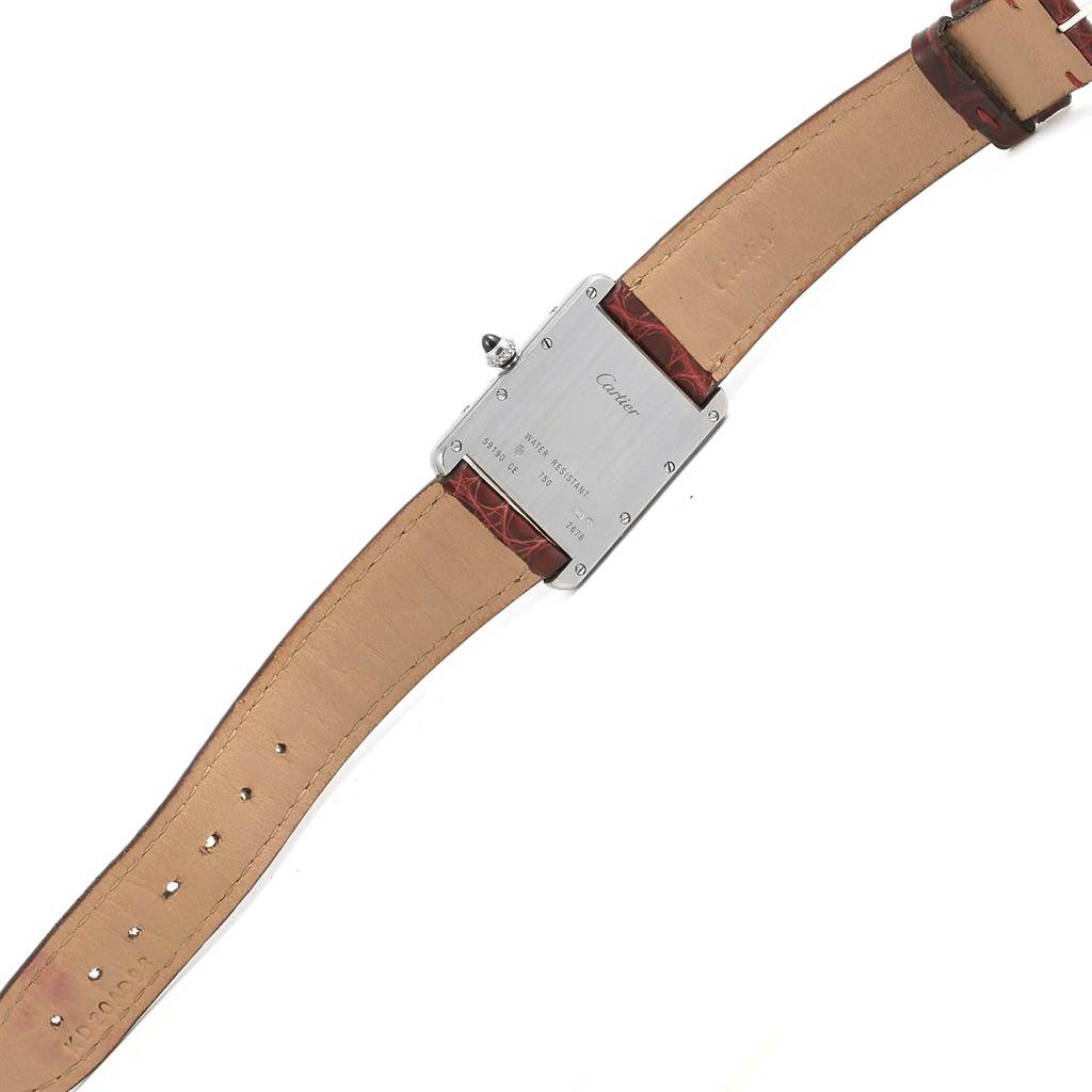 The image shows the back view of a Cartier Tank Louis W1540956 White Gold Silver Dial W1540956 White Gold Silver Dial watch, highlighting the case back and strap.