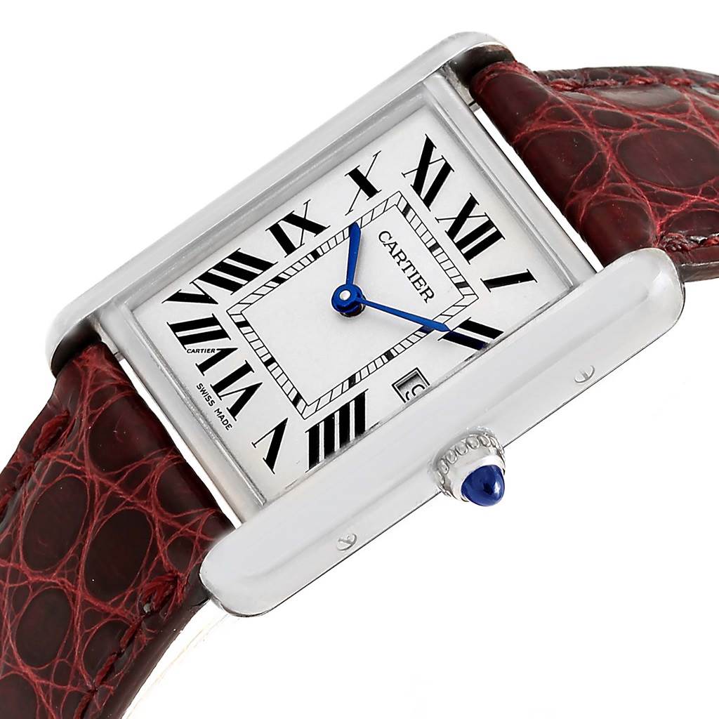 The image shows a tilted view of the Cartier Tank Louis W1540956 White Gold Silver Dial W1540956 White Gold Silver Dial watch, displaying its rectangular face, Roman numerals, and leather strap.
