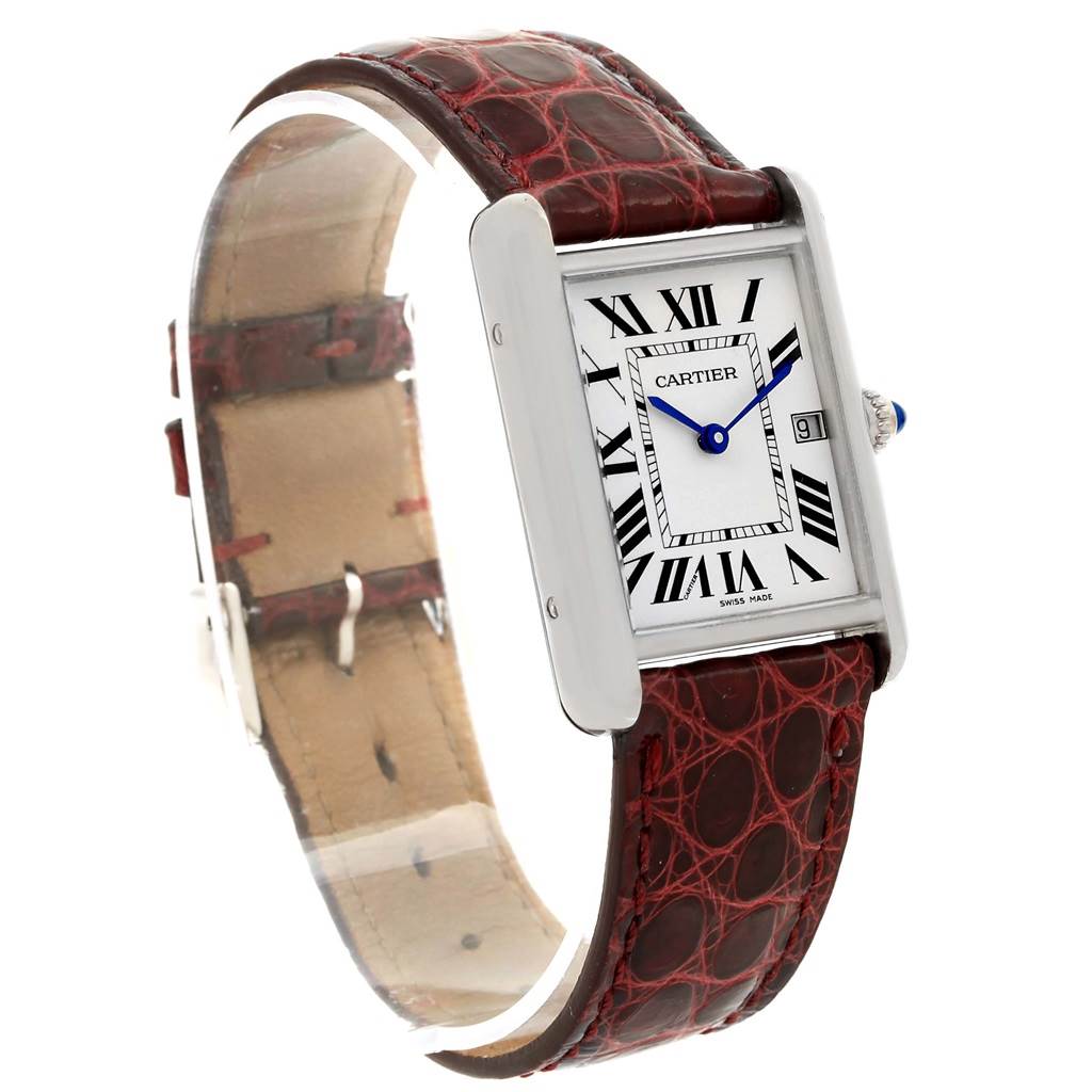 The image shows a side angle view of the Cartier Tank Louis W1540956 White Gold Silver Dial W1540956 White Gold Silver Dial watch, highlighting its rectangular face and brown leather strap.