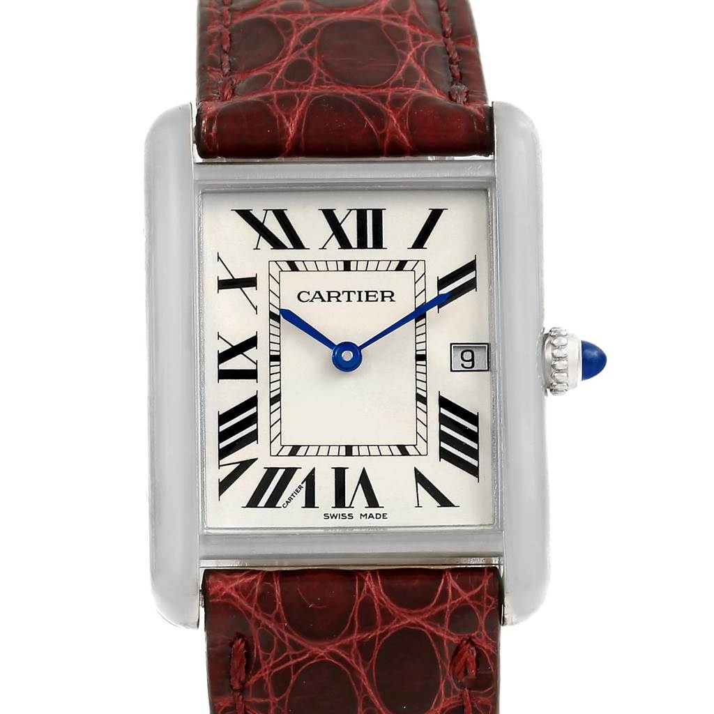 This image shows a front view of the Cartier Tank Louis W1540956 White Gold Silver Dial W1540956 White Gold Silver Dial watch, displaying its dial, hands, Roman numeral markers, and strap.