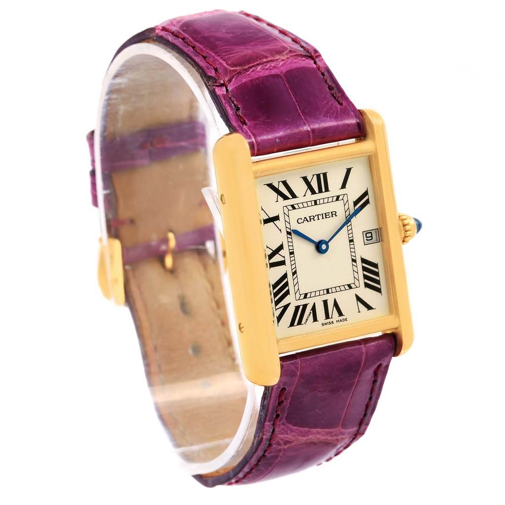 The image shows a Cartier Tank Louis W1529756 Yellow Gold Silver Dial W1529756 Yellow Gold Silver Dial watch at a three-quarter angle, highlighting the face, strap, and crown.