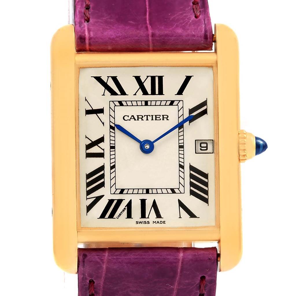 This is a front view of the Cartier Tank Louis W1529756 Yellow Gold Silver Dial W1529756 Yellow Gold Silver Dial watch, showing the dial, Roman numeral hour markers, case, and part of the strap.