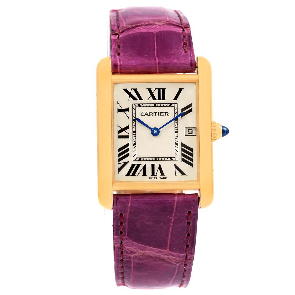 This image shows a front view of a Cartier Tank Louis W1529756 Yellow Gold Silver Dial W1529756 Yellow Gold Silver Dial watch with a pink leather strap and a gold rectangular case.