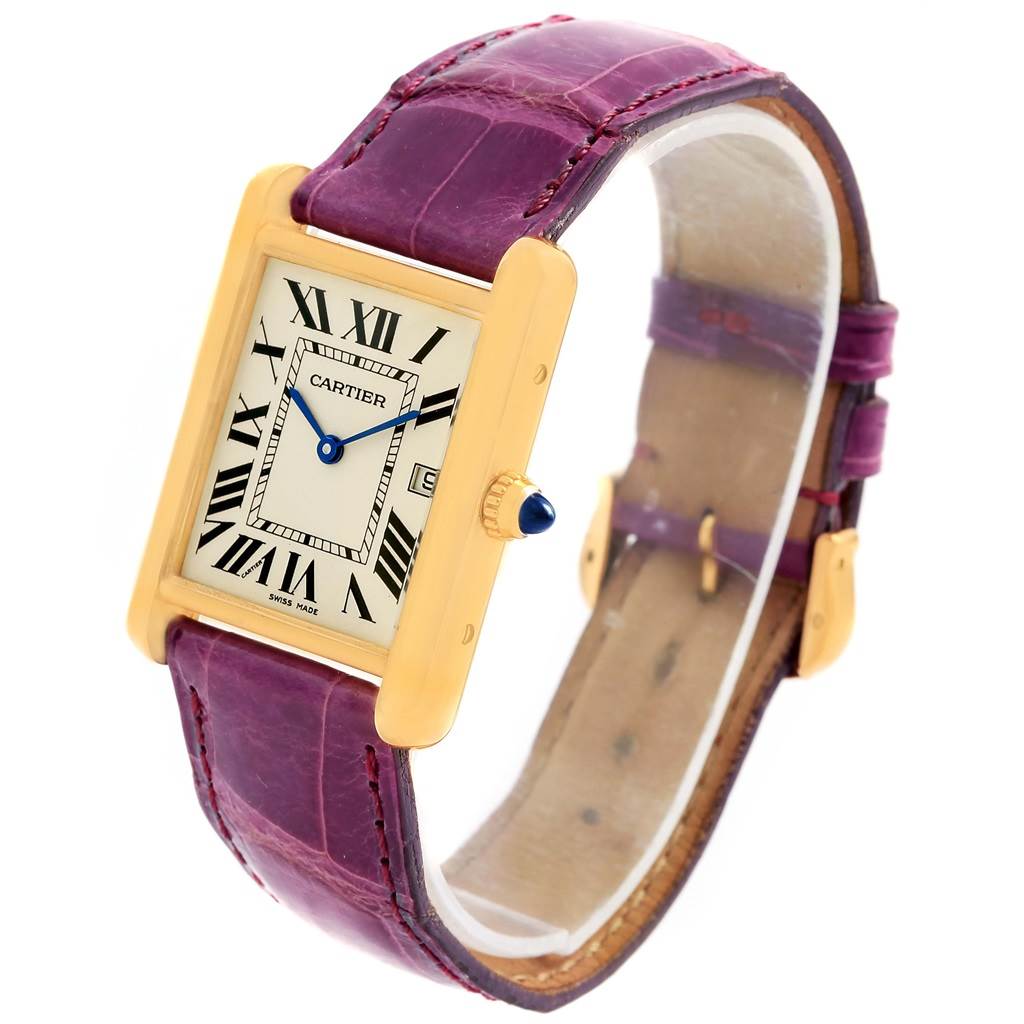 The image shows a Cartier Tank Louis W1529756 Yellow Gold Silver Dial W1529756 Yellow Gold Silver Dial watch at a slight angle, highlighting its face, case, and purple leather strap.