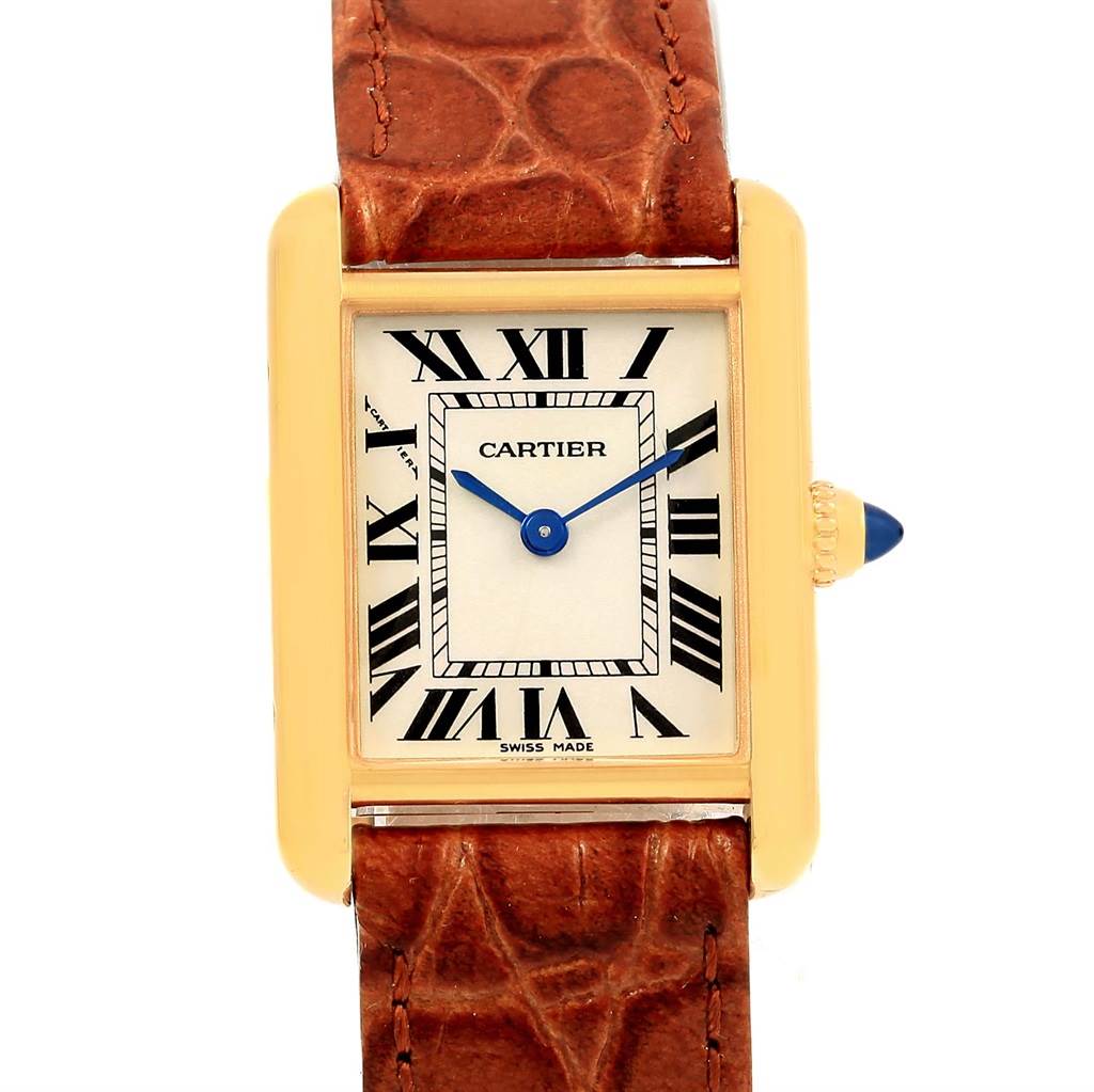 The image shows a straight-on view of the Cartier Tank Louis W1529856 Women's Yellow Gold Silver Dial W1529856 Women's Yellow Gold Silver Dial watch, highlighting its rectangular dial, Roman numerals, and leather strap.