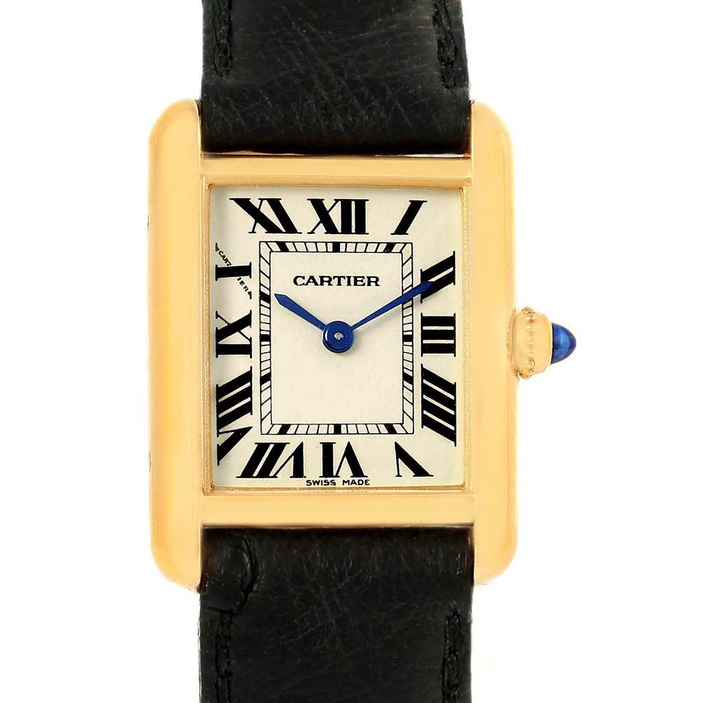 The image shows a Cartier Tank Louis W1529856 Women's Yellow Gold Silver Dial W1529856 Women's Yellow Gold Silver Dial model watch from a front angle, displaying its face and leather strap.