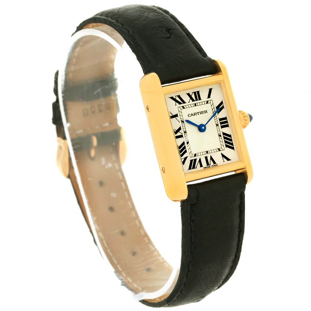 This image shows a Cartier Tank Louis W1529856 Women's Yellow Gold Silver Dial W1529856 Women's Yellow Gold Silver Dial watch from a front angle, highlighting its rectangular face, black Roman numerals, and black leather strap.
