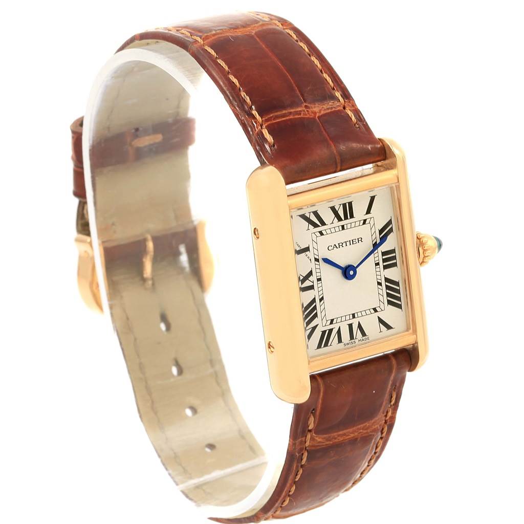 The image shows a Cartier Tank Louis W1529856 Women's Yellow Gold Silver Dial W1529856 Women's Yellow Gold Silver Dial watch at a three-quarter angle, highlighting its face, case, crown, and brown leather strap.