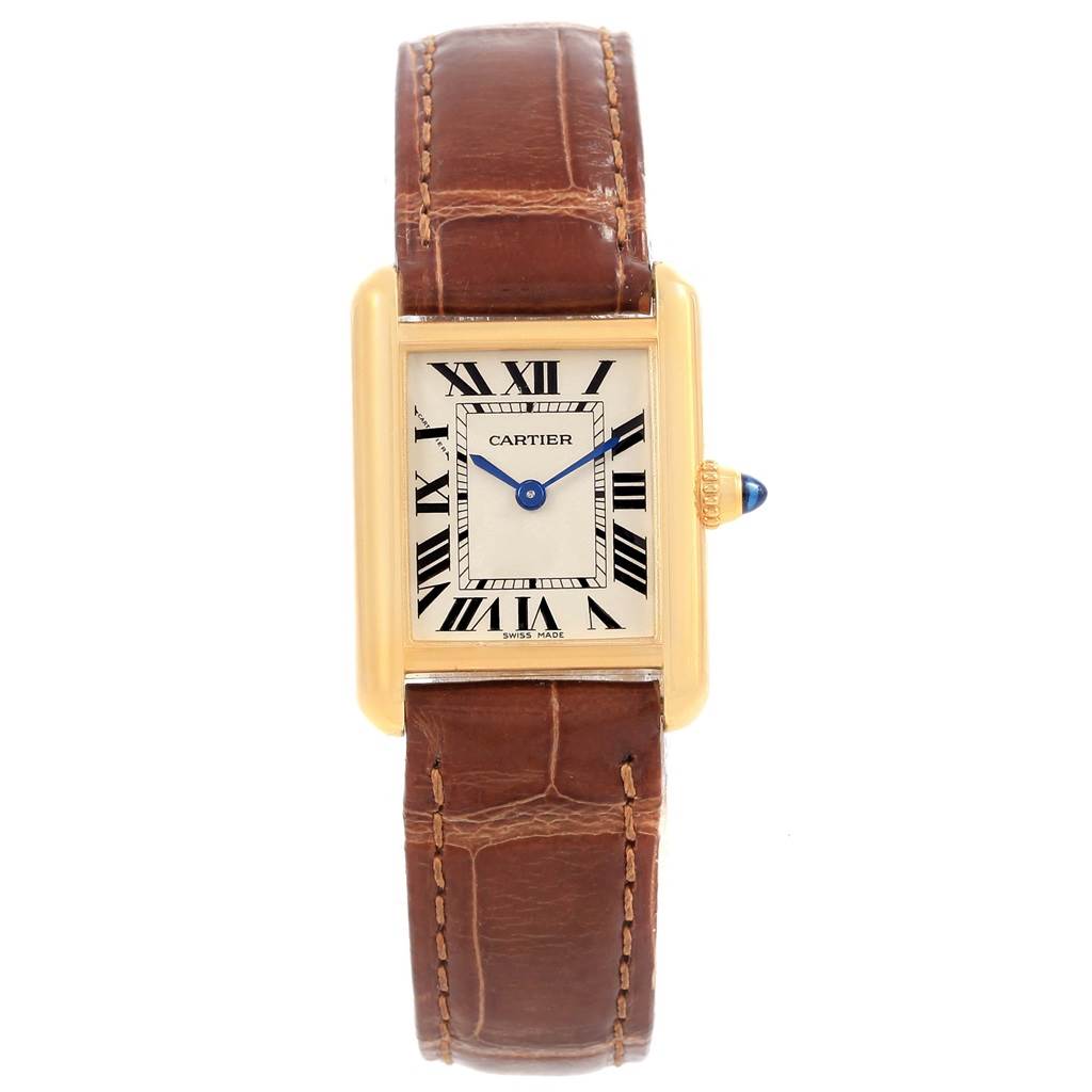 The image shows a Cartier Tank Louis W1529856 Women's Yellow Gold Silver Dial W1529856 Women's Yellow Gold Silver Dial watch with a gold case, Roman numeral dial, and brown leather strap from a direct front angle.