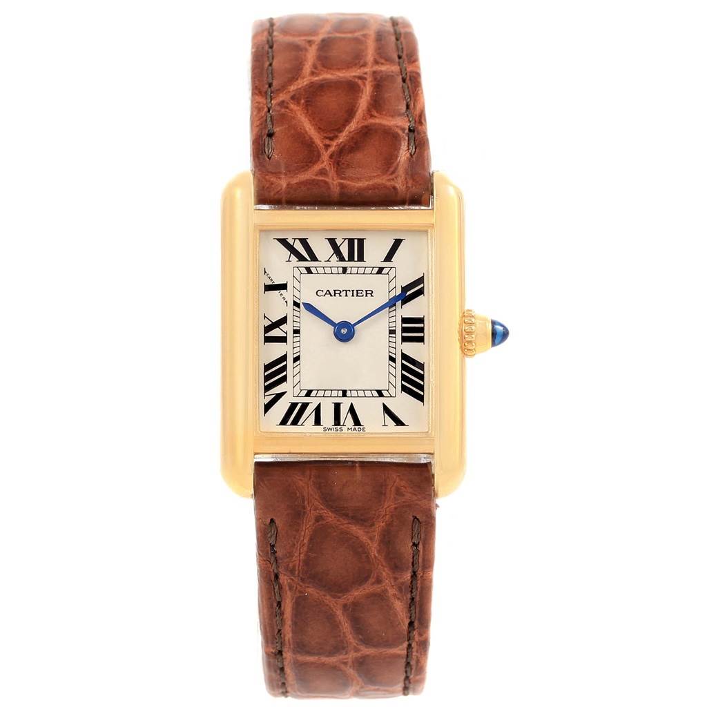 The image shows a Cartier Tank Louis W1529856 Women's Yellow Gold Silver Dial W1529856 Women's Yellow Gold Silver Dial watch with a rectangular dial and brown leather strap, viewed from the front.