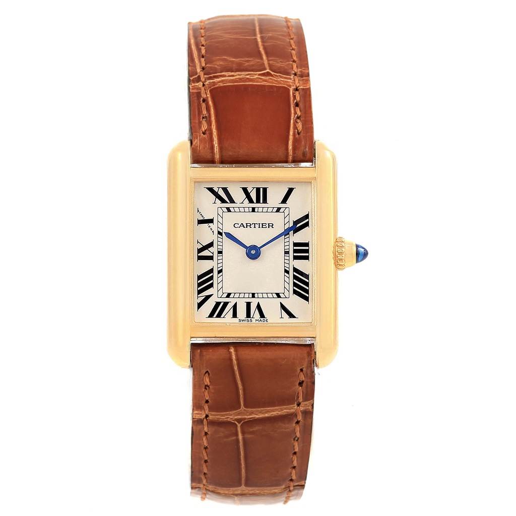 The image shows a Cartier Tank Louis W1529856 Women's Yellow Gold Silver Dial W1529856 Women's Yellow Gold Silver Dial watch from a front angle, displaying its rectangular face, Roman numerals, and brown leather strap.