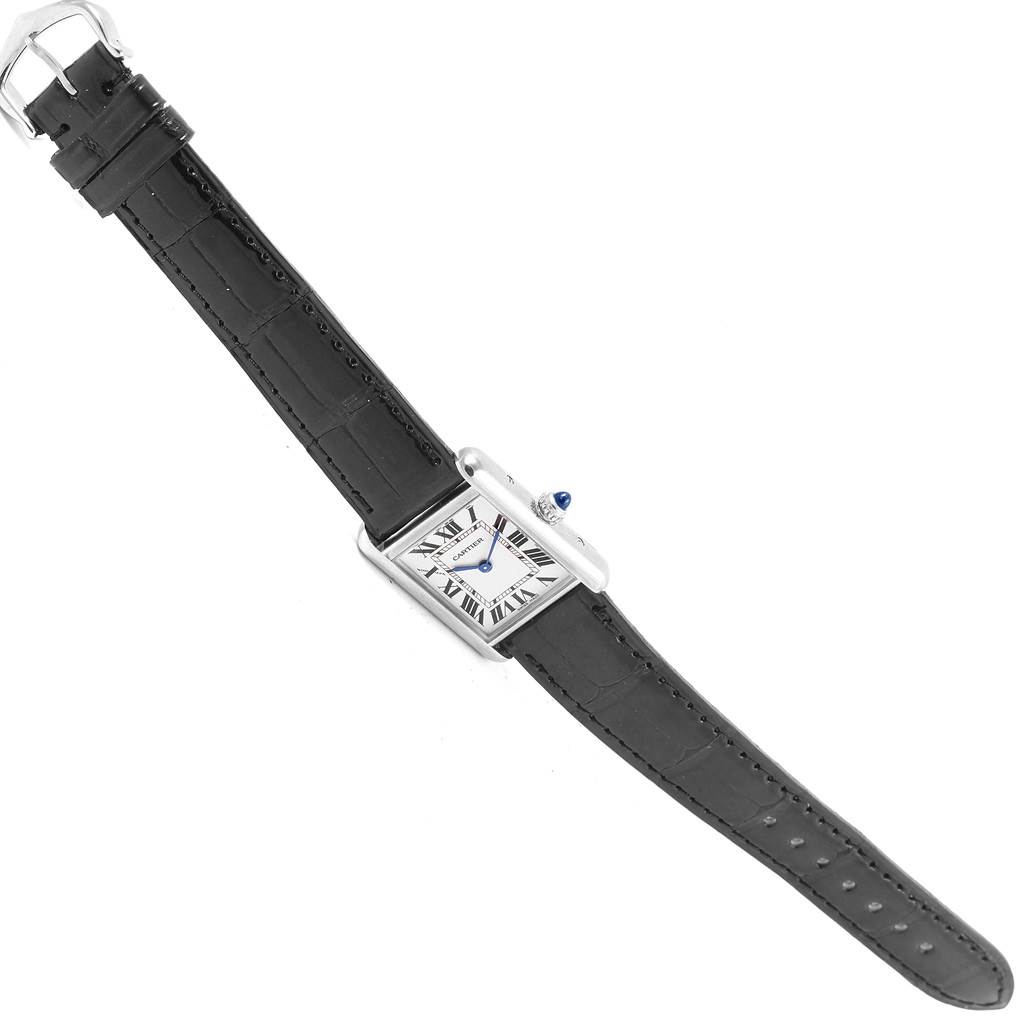 The image shows a Cartier Tank Louis W1541056 Women's White Gold Silver Dial W1541056 Women's White Gold Silver Dial watch with a black leather strap, displayed flat and angled slightly to the left.