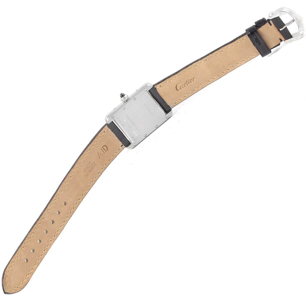 This image shows the back view of the Cartier Tank Louis W1541056 Women's White Gold Silver Dial W1541056 Women's White Gold Silver Dial watch, including the buckle and leather strap.