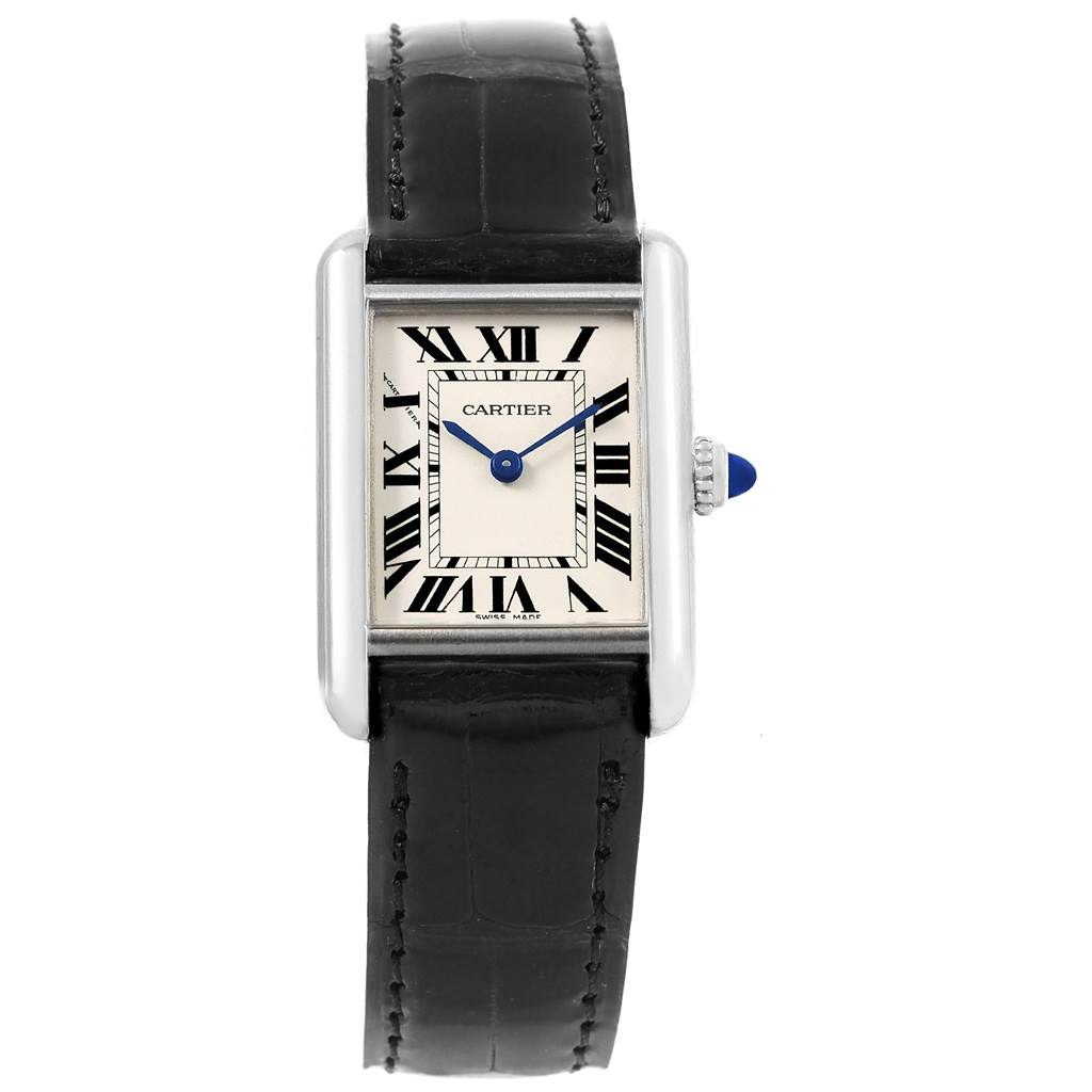 The image shows a front view of a Cartier Tank Louis W1541056 Women's White Gold Silver Dial W1541056 Women's White Gold Silver Dial watch, displaying the face, Roman numeral markers, and black leather strap.