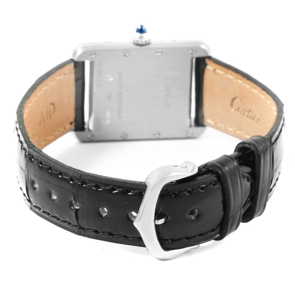 The image shows the back of the Cartier Tank Louis W1541056 Women's White Gold Silver Dial W1541056 Women's White Gold Silver Dial watch, focusing on the leather strap and clasp.