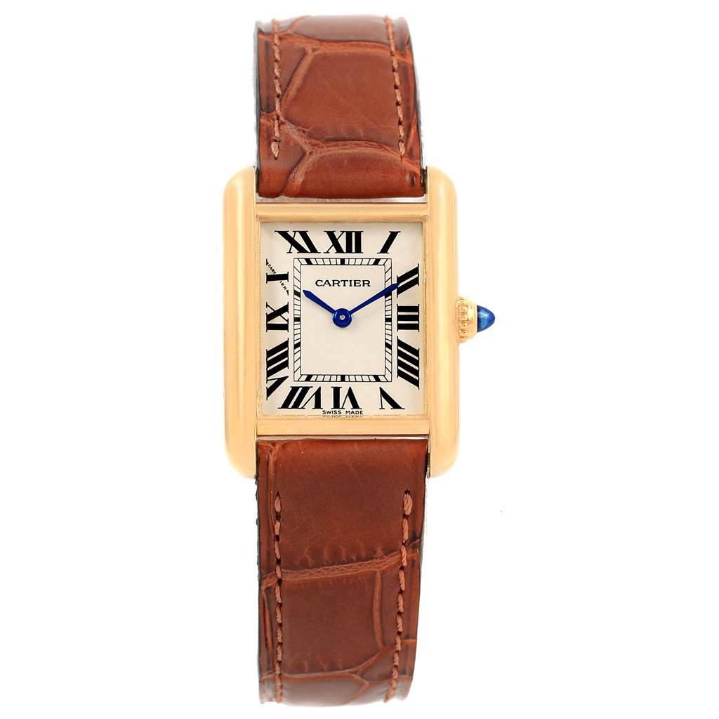 This image shows a frontal view of the Cartier Tank Louis W1529856 Women's Yellow Gold Silver Dial W1529856 Women's Yellow Gold Silver Dial watch, featuring its dial, brown leather strap, and crown.