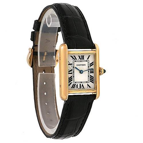 This image shows a side and front view of a Cartier Tank Louis W1529856 Women's Yellow Gold Silver Dial W1529856 Women's Yellow Gold Silver Dial watch, highlighting the rectangular case, Roman numerals, and black leather strap.