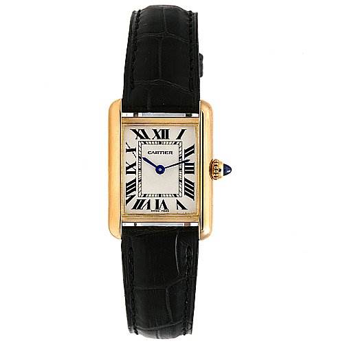 This image shows a front view of a Cartier Tank Louis W1529856 Women's Yellow Gold Silver Dial W1529856 Women's Yellow Gold Silver Dial model watch with a black leather strap and a rectangular gold case.
